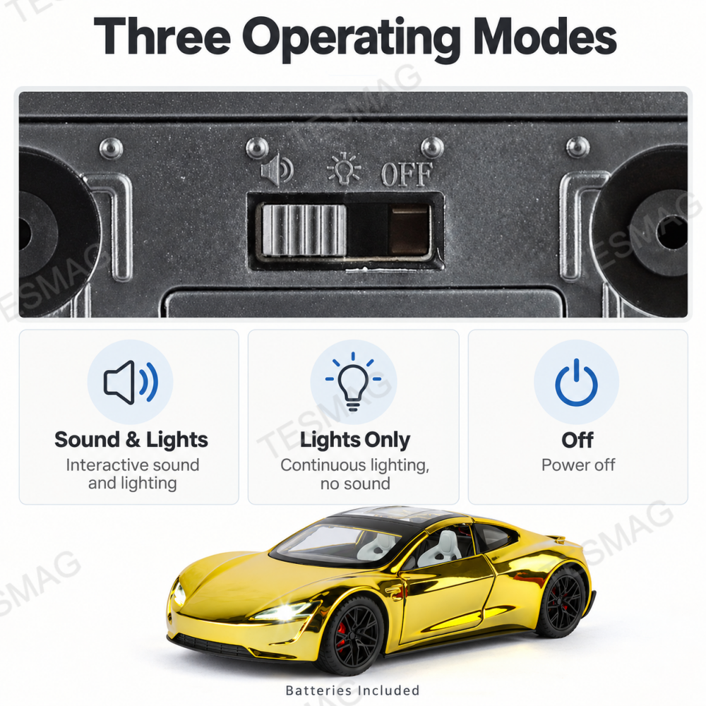 Three sound and light switch modes on Tesla Roadster model with batteries included