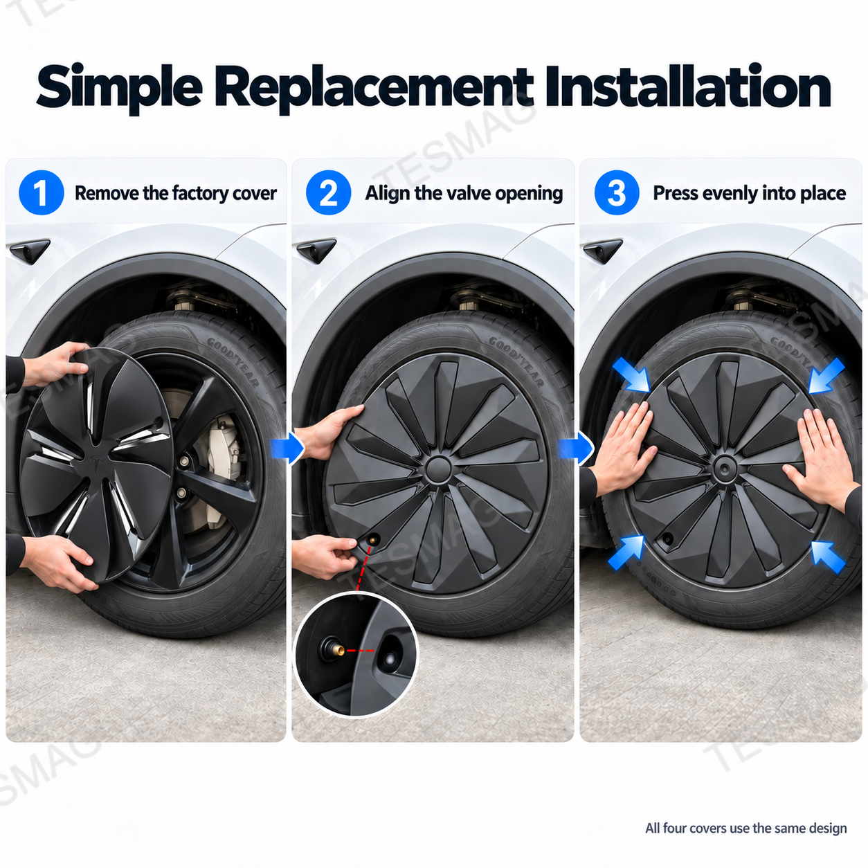 Three-step Tesla Model Y Juniper wheel cover replacement and valve alignment