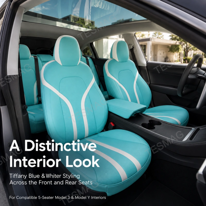 Tiffany Blue Nappa Leather Seat Covers for Tesla Model 3/Y 5-Seater