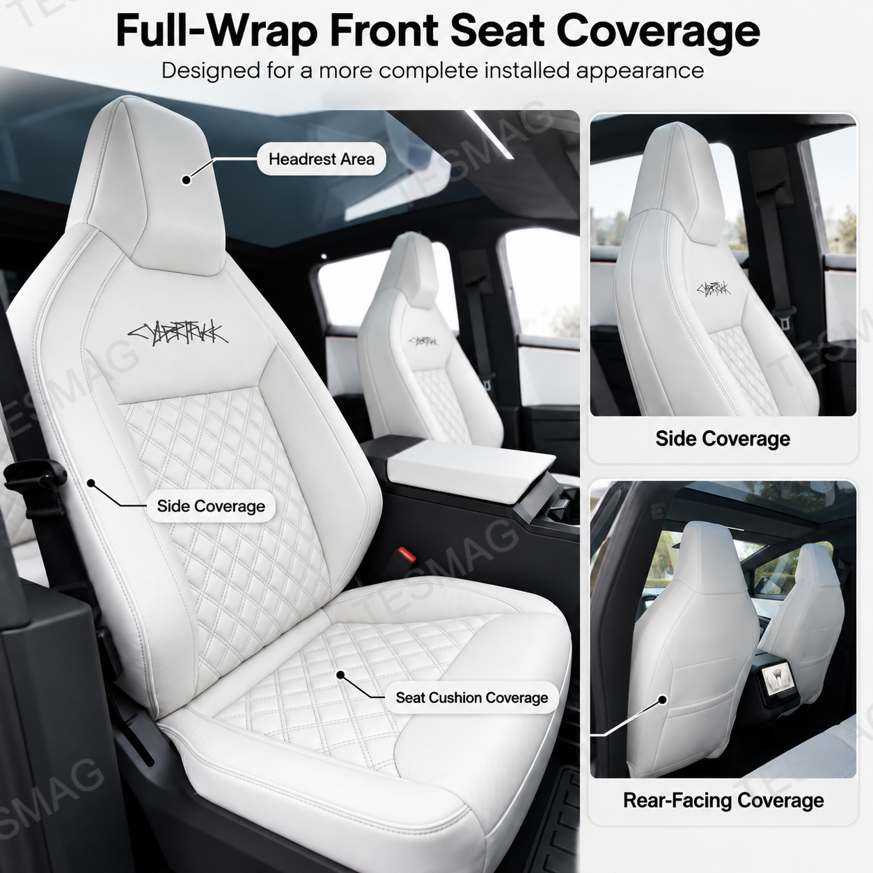 White Cybertruck front seat cover showing headrest, side and cushion coverage