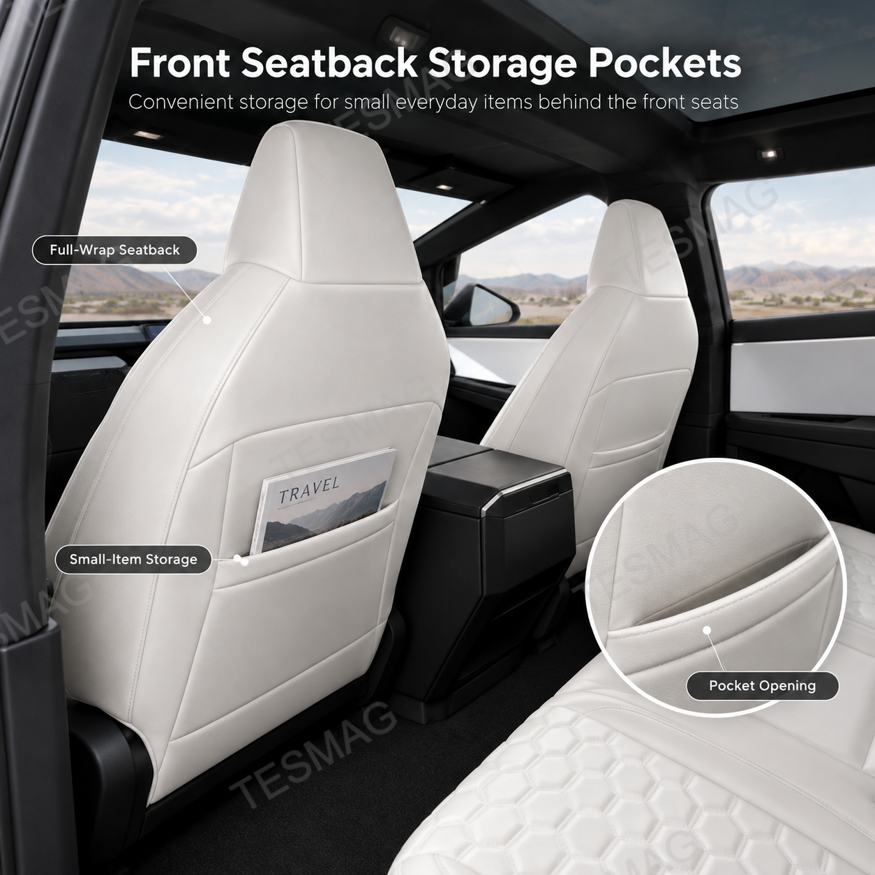 White Cybertruck front seatback covers with integrated storage pockets