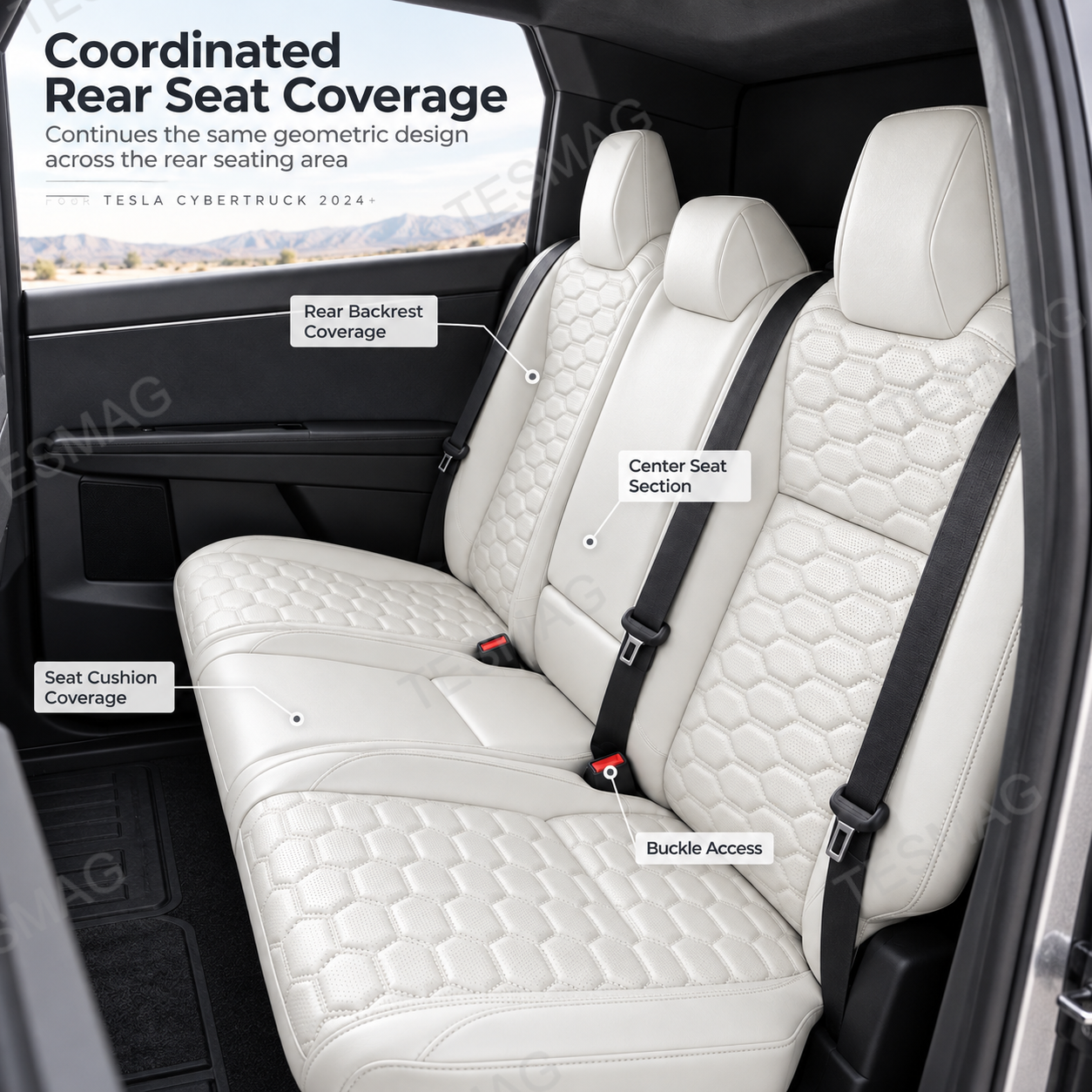 White Cybertruck rear seat covers showing backrest, cushion and buckle access
