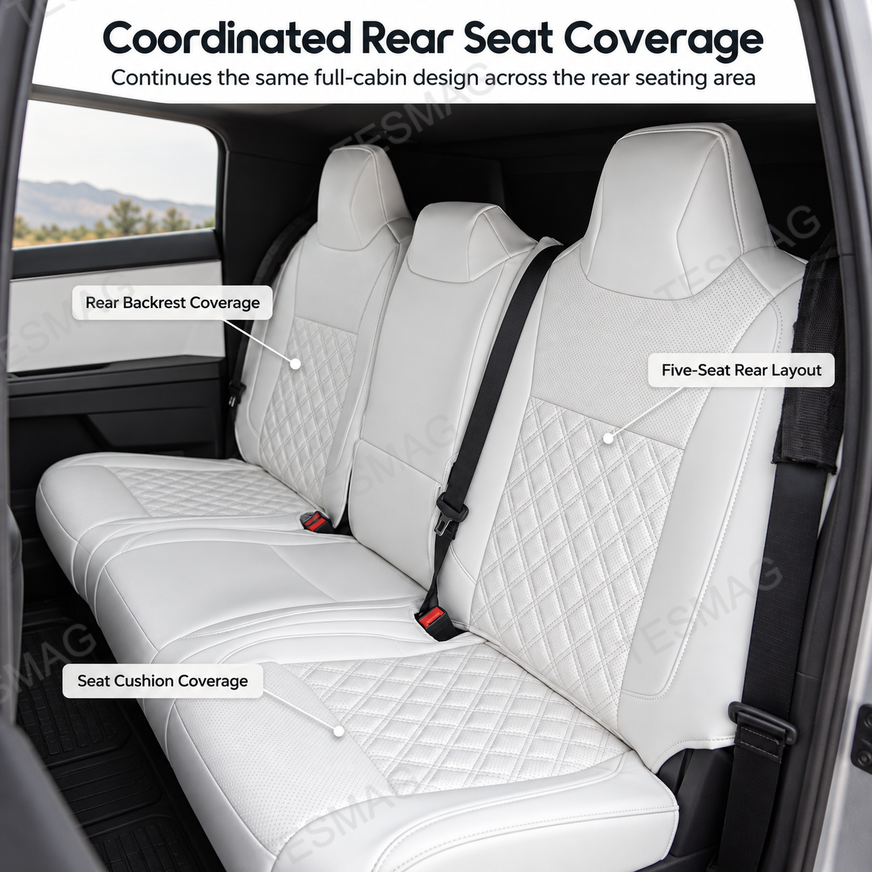 White Cybertruck rear seat covers showing backrest and seat cushion coverage