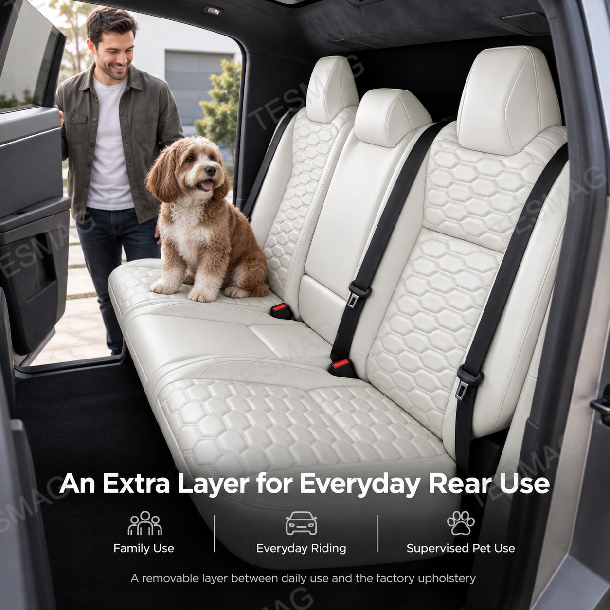 White Cybertruck rear seat covers shown in a supervised family and pet-use scene