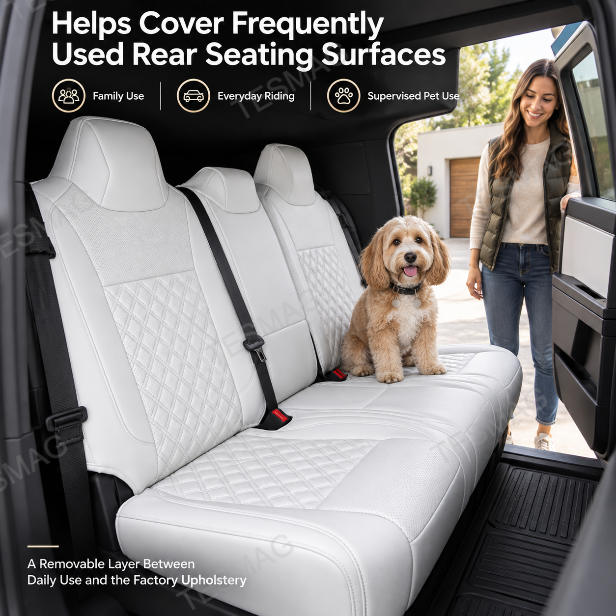White Cybertruck rear seat covers shown in a supervised family and pet-use scene