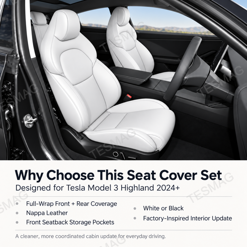 White Model 3 Highland seat cover set highlighting front and rear coverage features