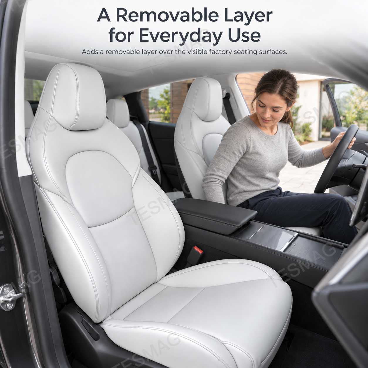 White Model 3 Highland seat covers shown during everyday driver entry and exit