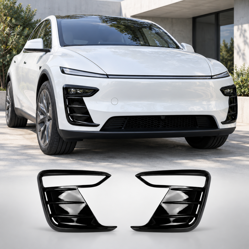 White Model Y Juniper with gloss black front bumper trim and matching two-piece set
