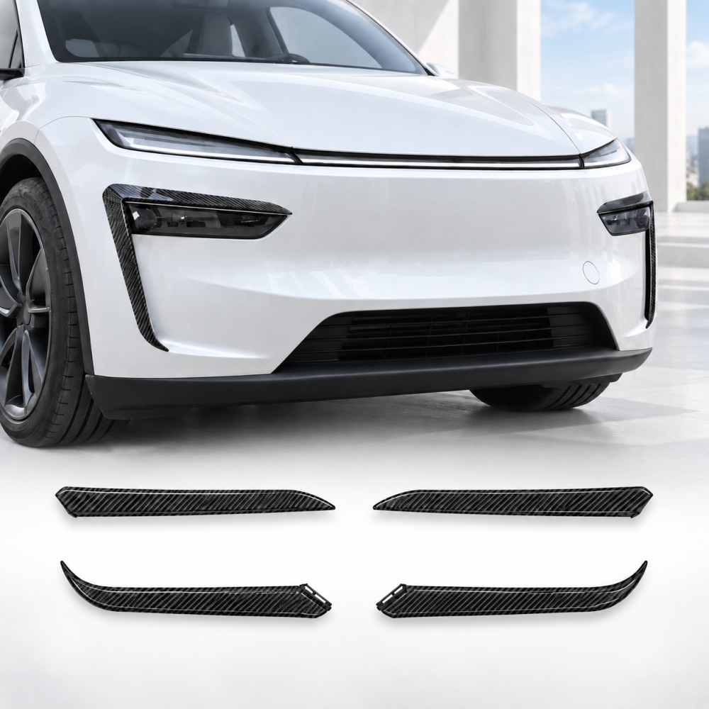 Model Y Juniper with glossy carbon-style fog light trim and four matching pieces