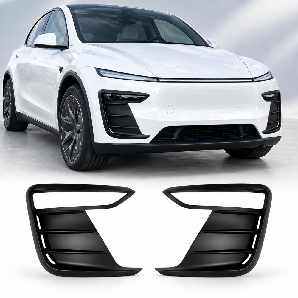White Model Y Juniper with matte black front bumper trim and matching two-piece set