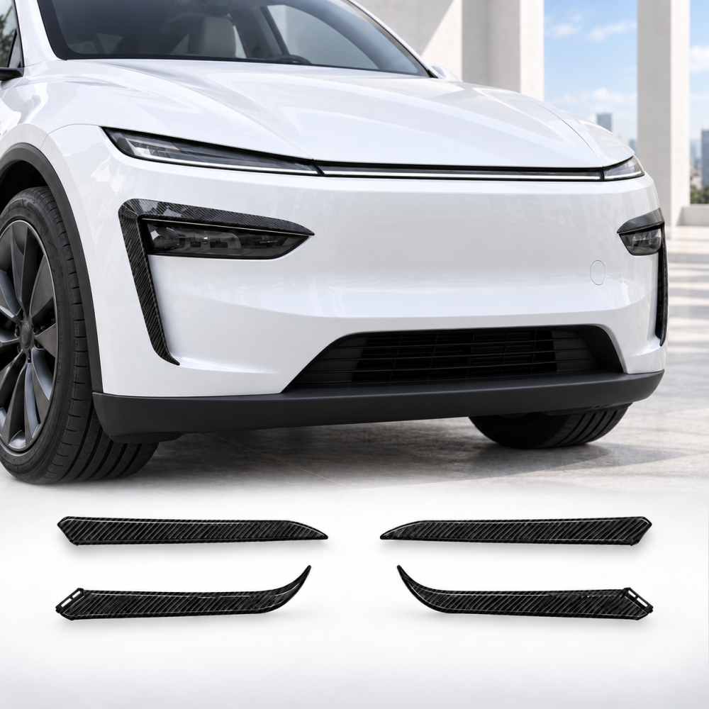 Model Y Juniper with matte carbon-style fog light trim and four matching pieces