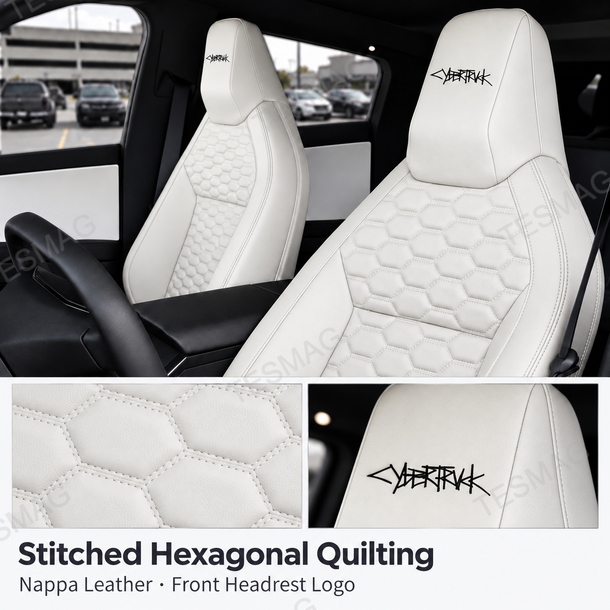 White Nappa leather Cybertruck seat covers with hexagonal quilting and logo detail