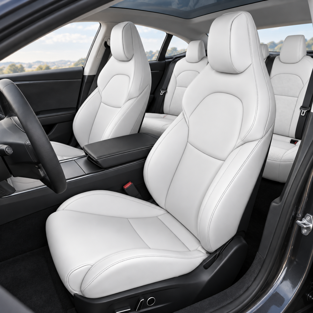 White Nappa leather seat covers installed in a Tesla Model 3 Highland 2024+ cabin