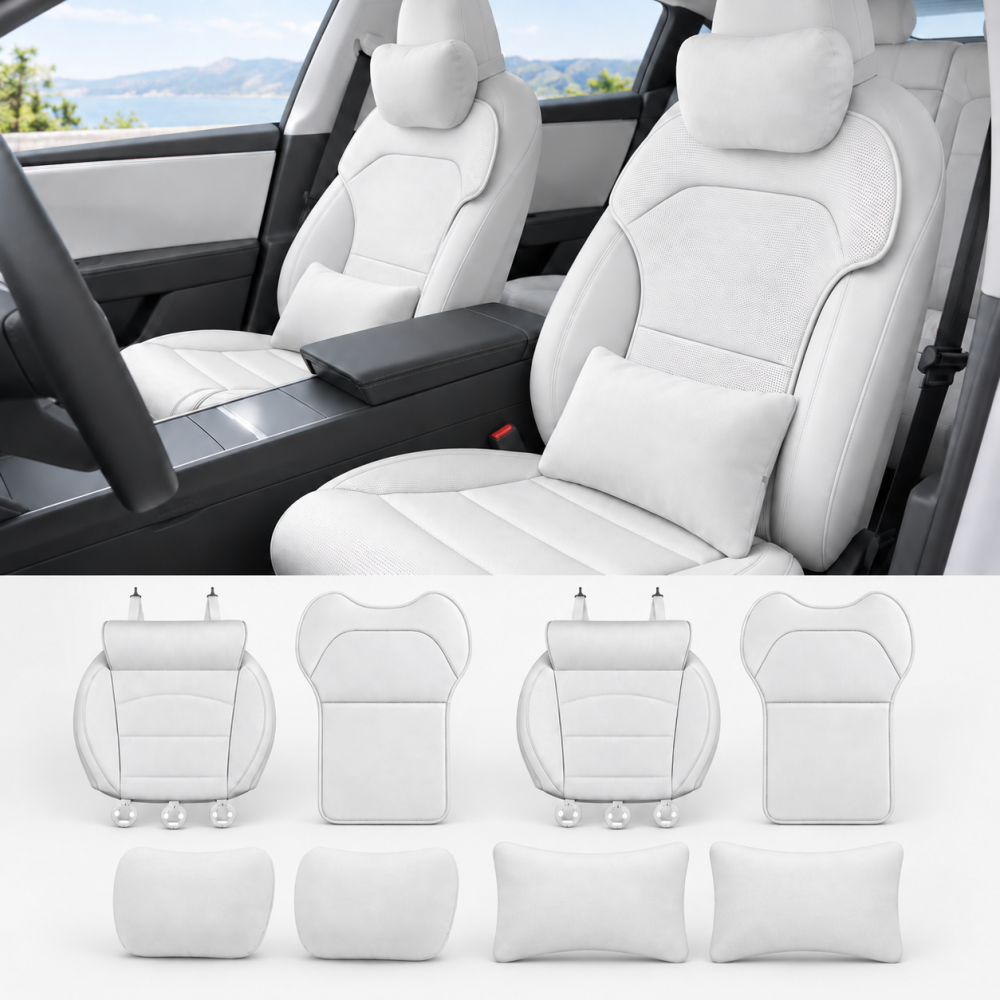 White Tesla front seat comfort set installed with all 8 pieces shown below