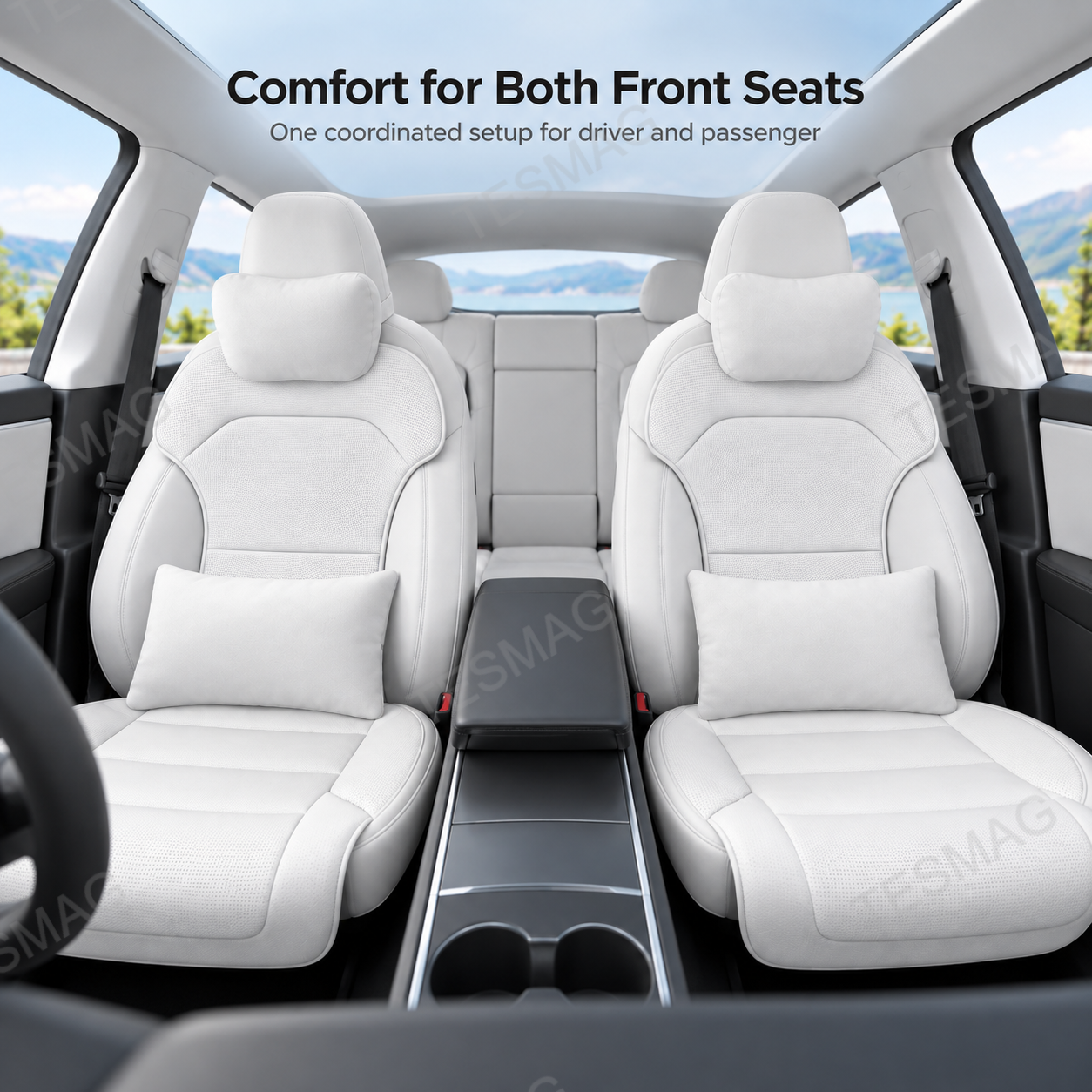 White Tesla front seats fitted with matching comfort cushions and support pillows