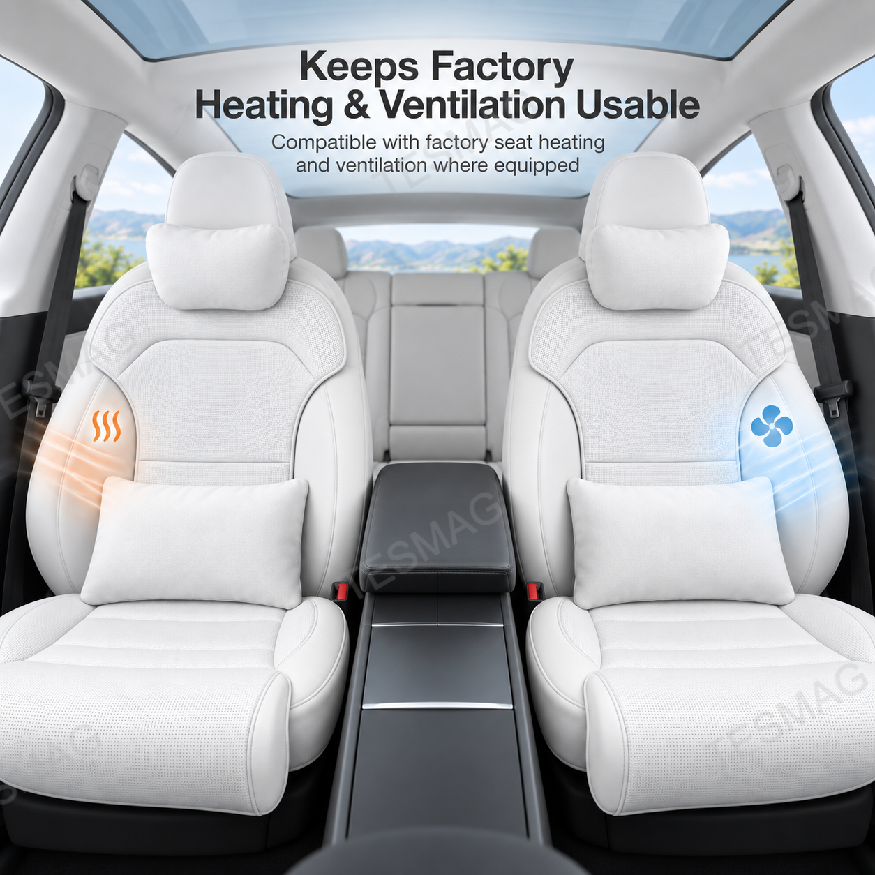 White Tesla seat comfort set shown with heating and ventilation compatibility