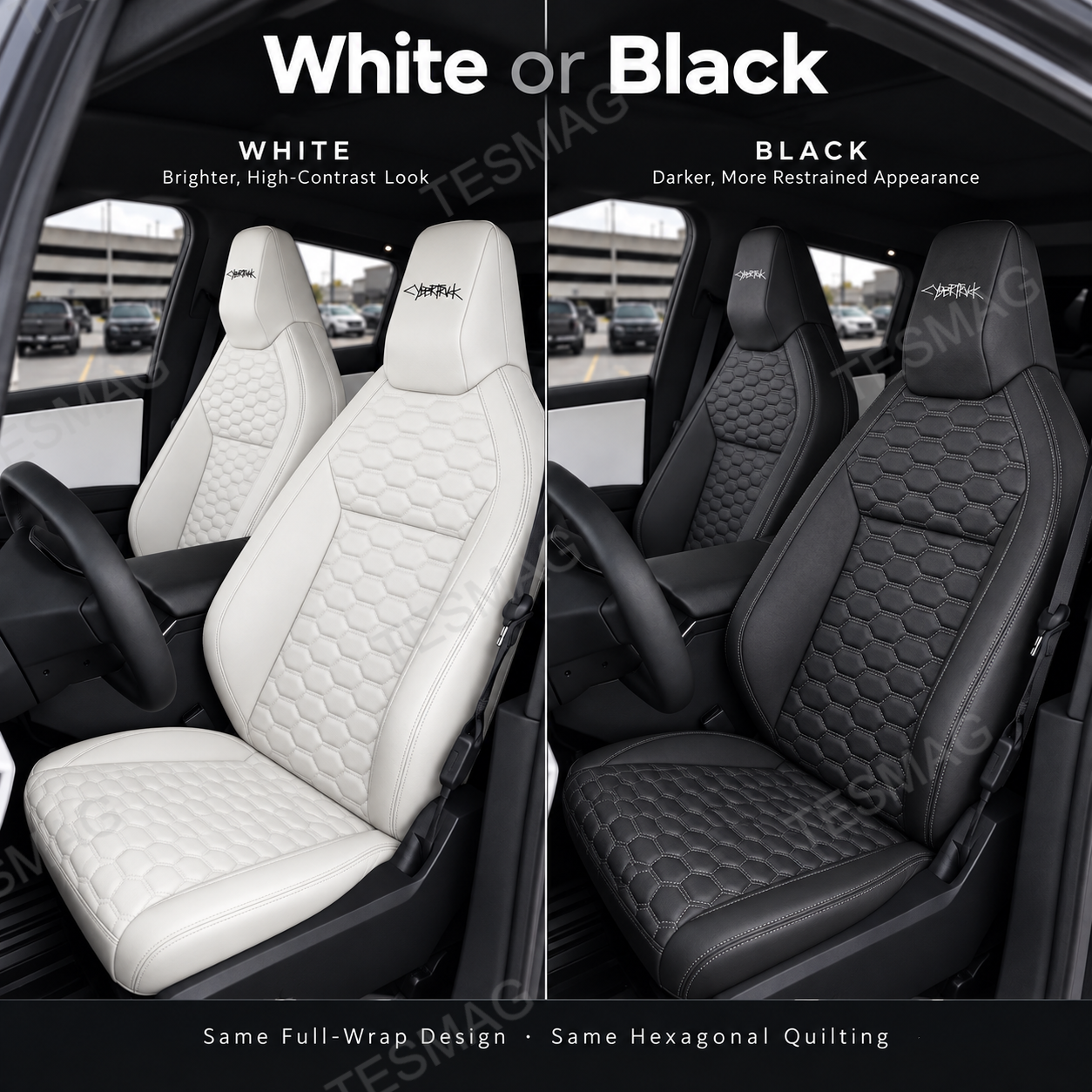 White and Black Cybertruck seat covers compared in matching front-seat interiors