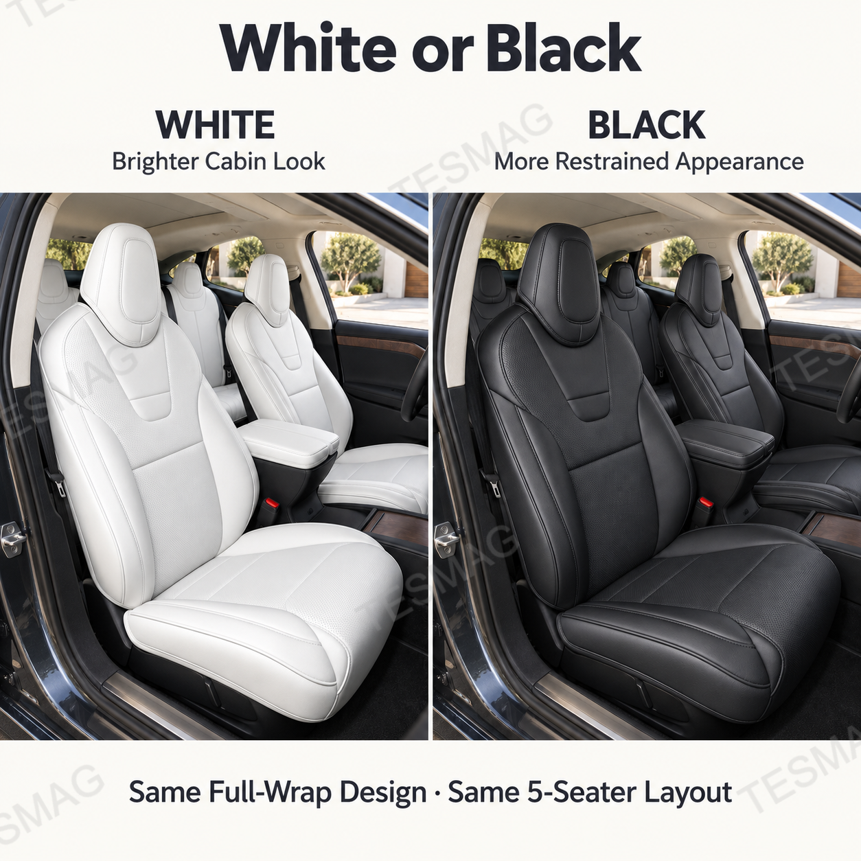 White and Black Tesla Model S or Model X seat covers compared in matching interiors