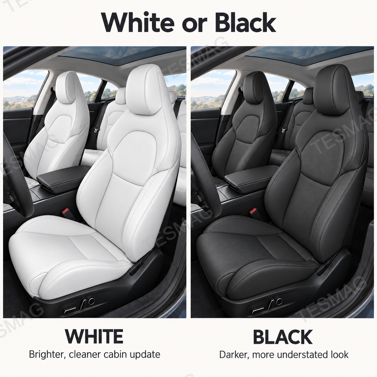 White and black Tesla Model 3 Highland seat cover color options side by side