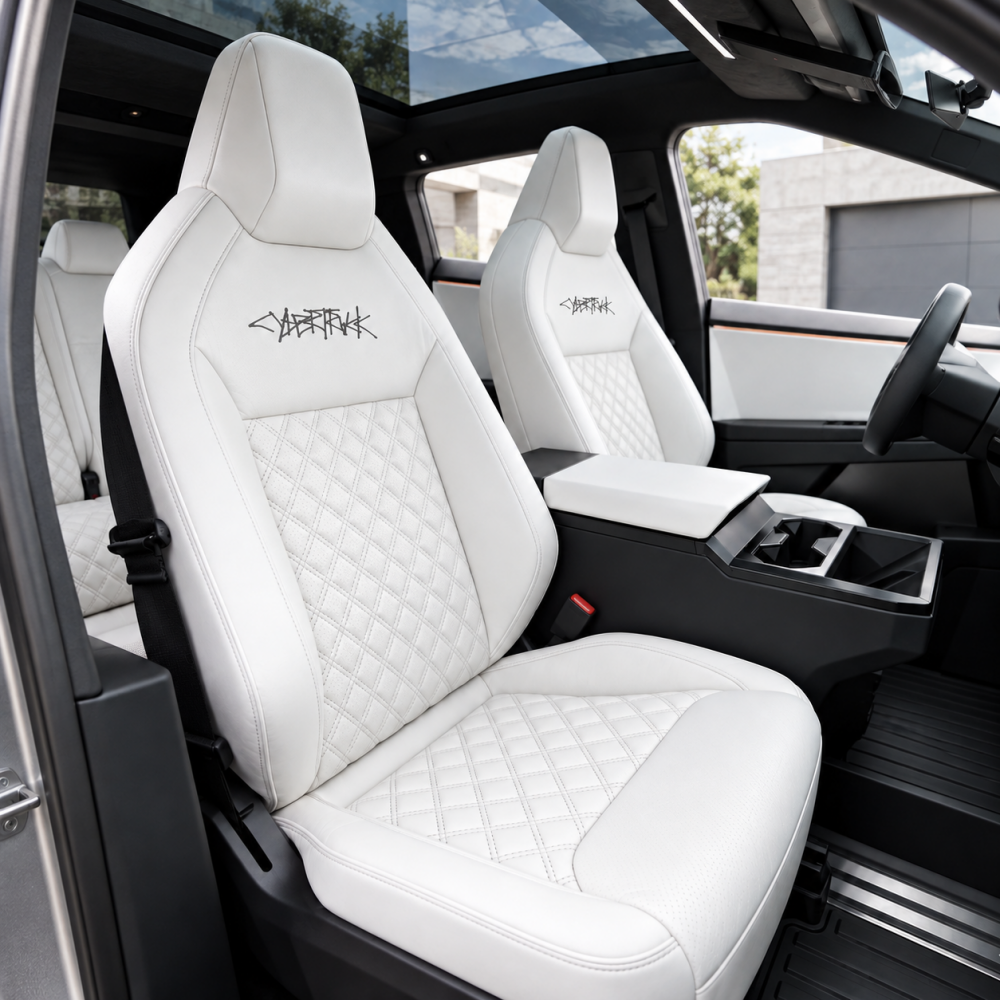 White diamond-quilted seat covers installed in a Tesla Cybertruck 2024+ interior