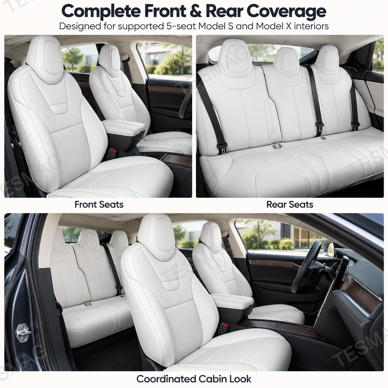 White front and rear seat covers shown across a Tesla Model S or Model X cabin