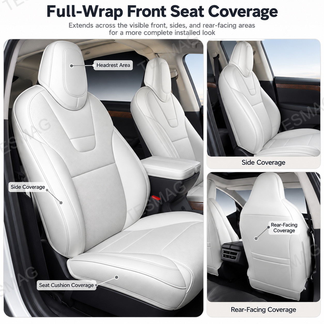 White full-wrap front seat cover showing headrest, side, cushion and rear coverage