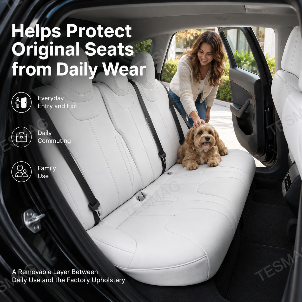 White leather rear seat covers for Tesla Model S and Model X protecting original seats from pets and daily wear
