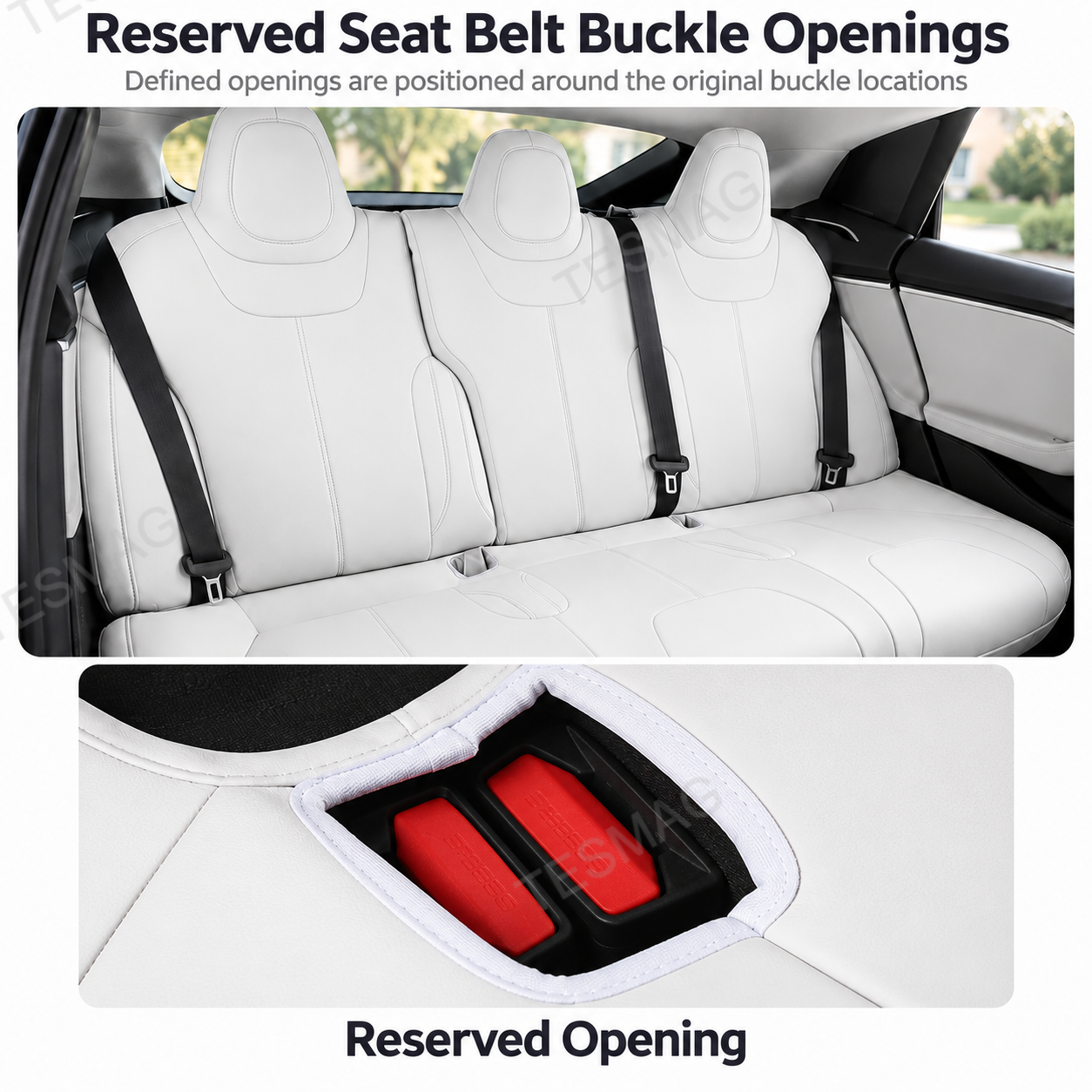 White rear seat cover showing reserved openings for the original seat belt buckles