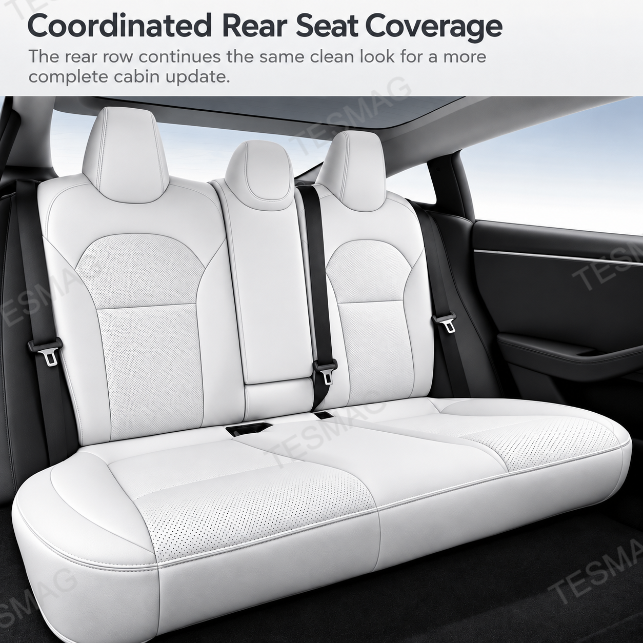 White rear seat covers installed across the Tesla Model 3 Highland rear bench