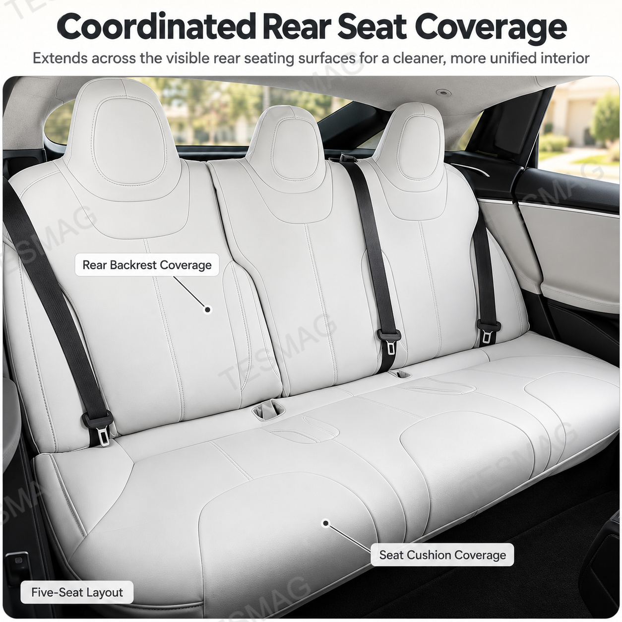 White rear seat covers showing coordinated backrest and cushion coverage in a five-seat Tesla