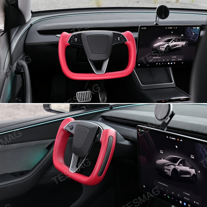 Yoke Nappa Leather Side Carbon Fiber Red Driving Wheel for Tesla Model 3 Highland/Model Y Juniper