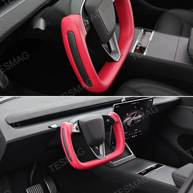 Yoke Nappa Leather Side Carbon Fiber Red Driving Wheel for Tesla Model 3 Highland/Model Y Juniper