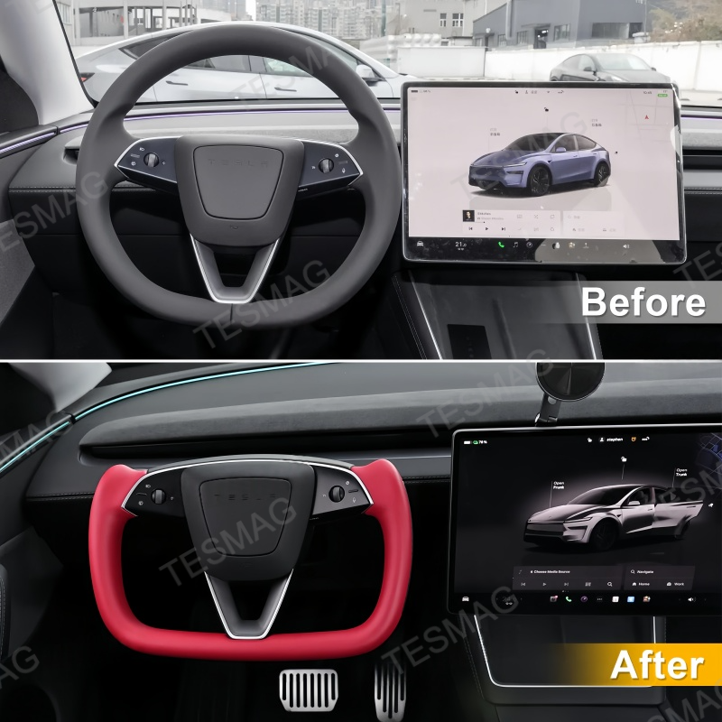 Yoke Nappa Leather Side Carbon Fiber Red Driving Wheel for Tesla Model 3 Highland/Model Y Juniper