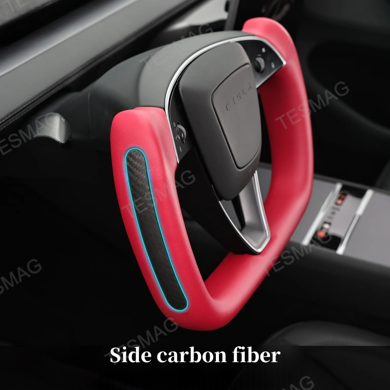 Yoke Nappa Leather Side Carbon Fiber Red Driving Wheel for Tesla Model 3 Highland/Model Y Juniper