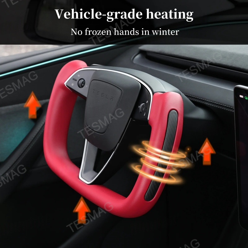 Yoke Nappa Leather Side Carbon Fiber Red Driving Wheel for Tesla Model 3 Highland/Model Y Juniper