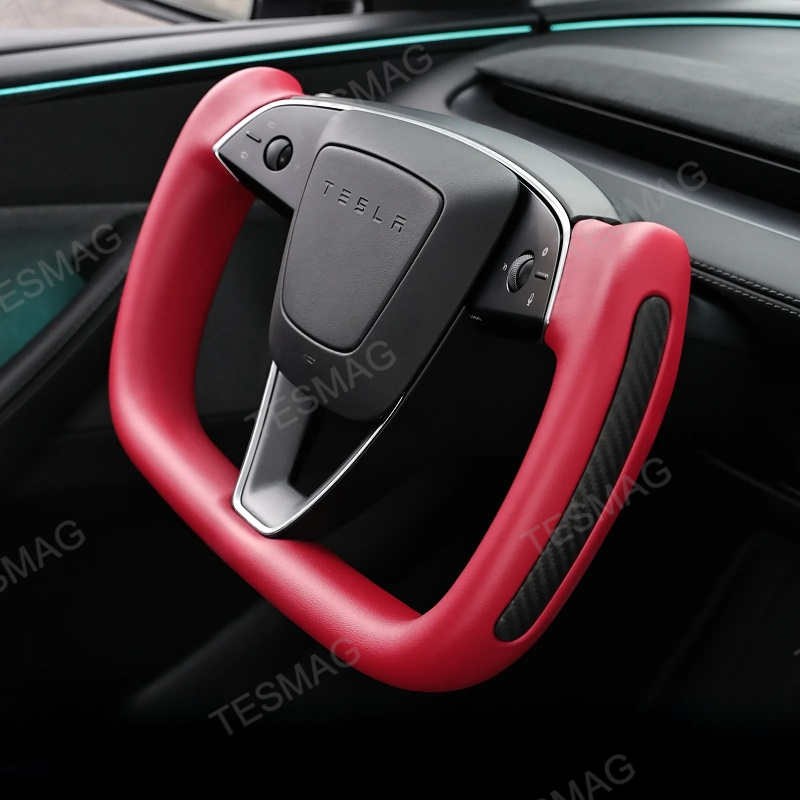 Yoke Nappa Leather Side Carbon Fiber Red Driving Wheel for Tesla Model 3 Highland/Model Y Juniper