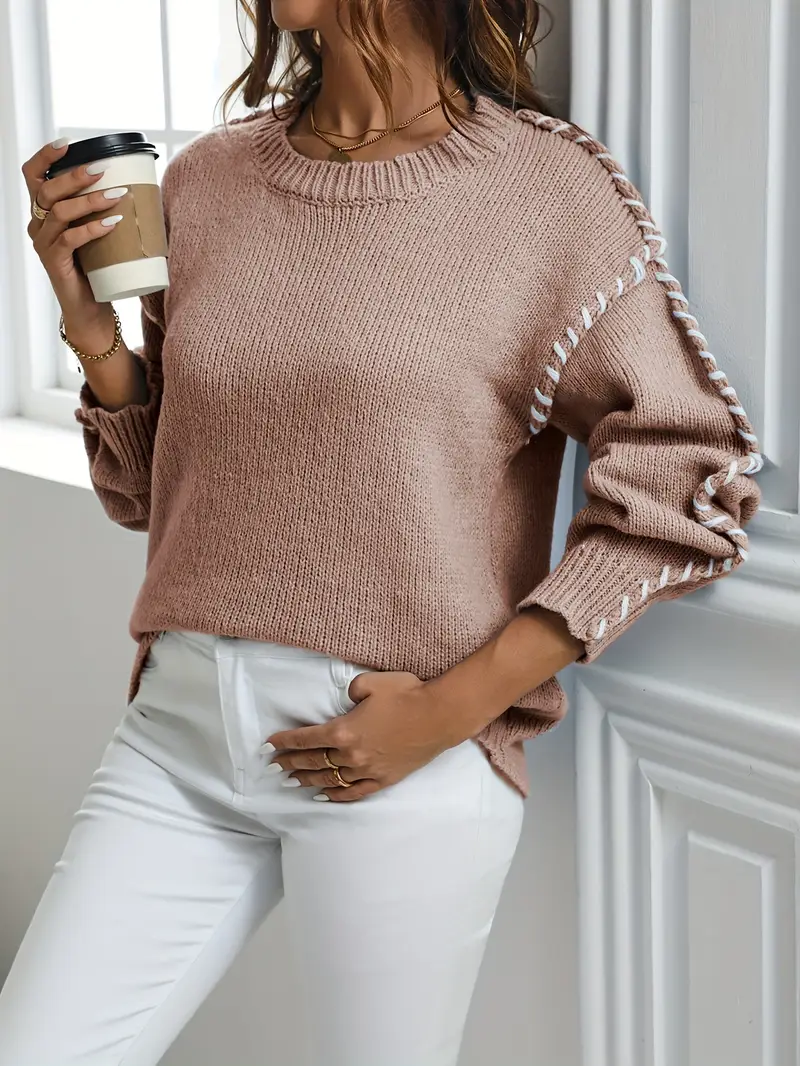 Women's Contrast Binding Drop Shoulder Sweater
