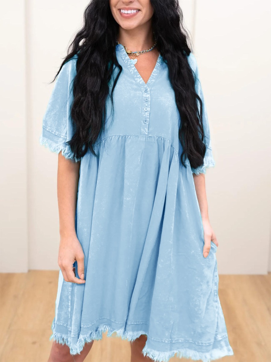 WOMEN'S SOFT RAW HEM CASUAL DRESS WITH BUTTON NECK