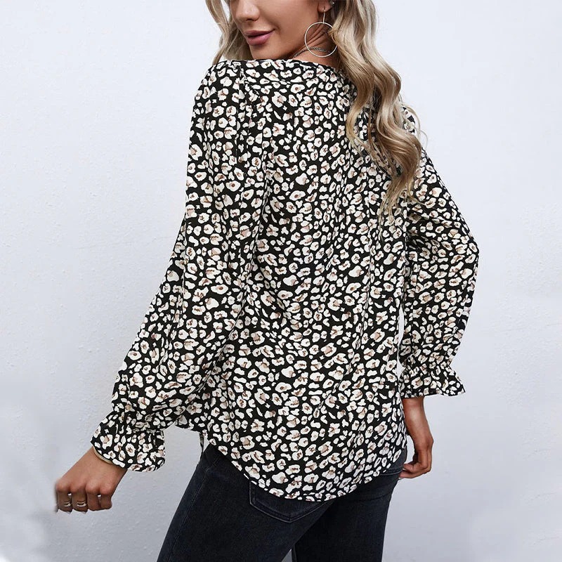 Women Boho Floral Print V Neck Drawstring Long Sleeve Blouse Top