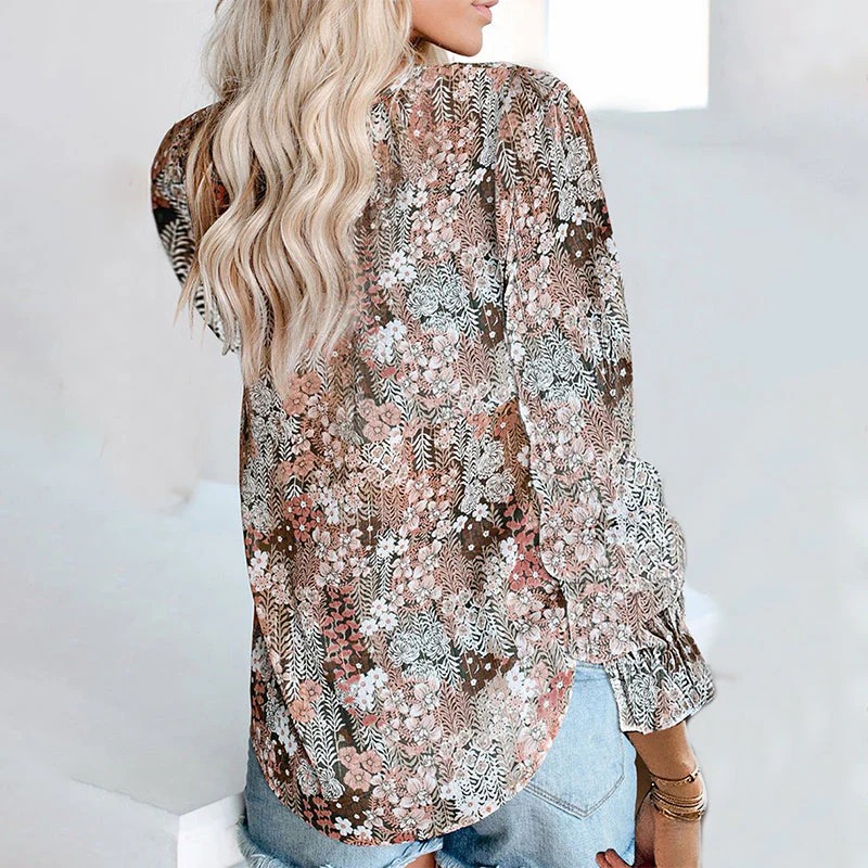 Women Boho Floral Print V Neck Drawstring Long Sleeve Blouse Top