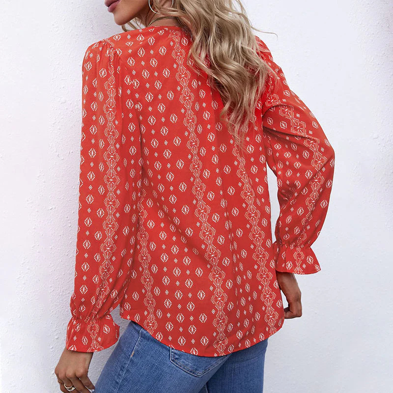 Women Boho Floral Print V Neck Drawstring Long Sleeve Blouse Top