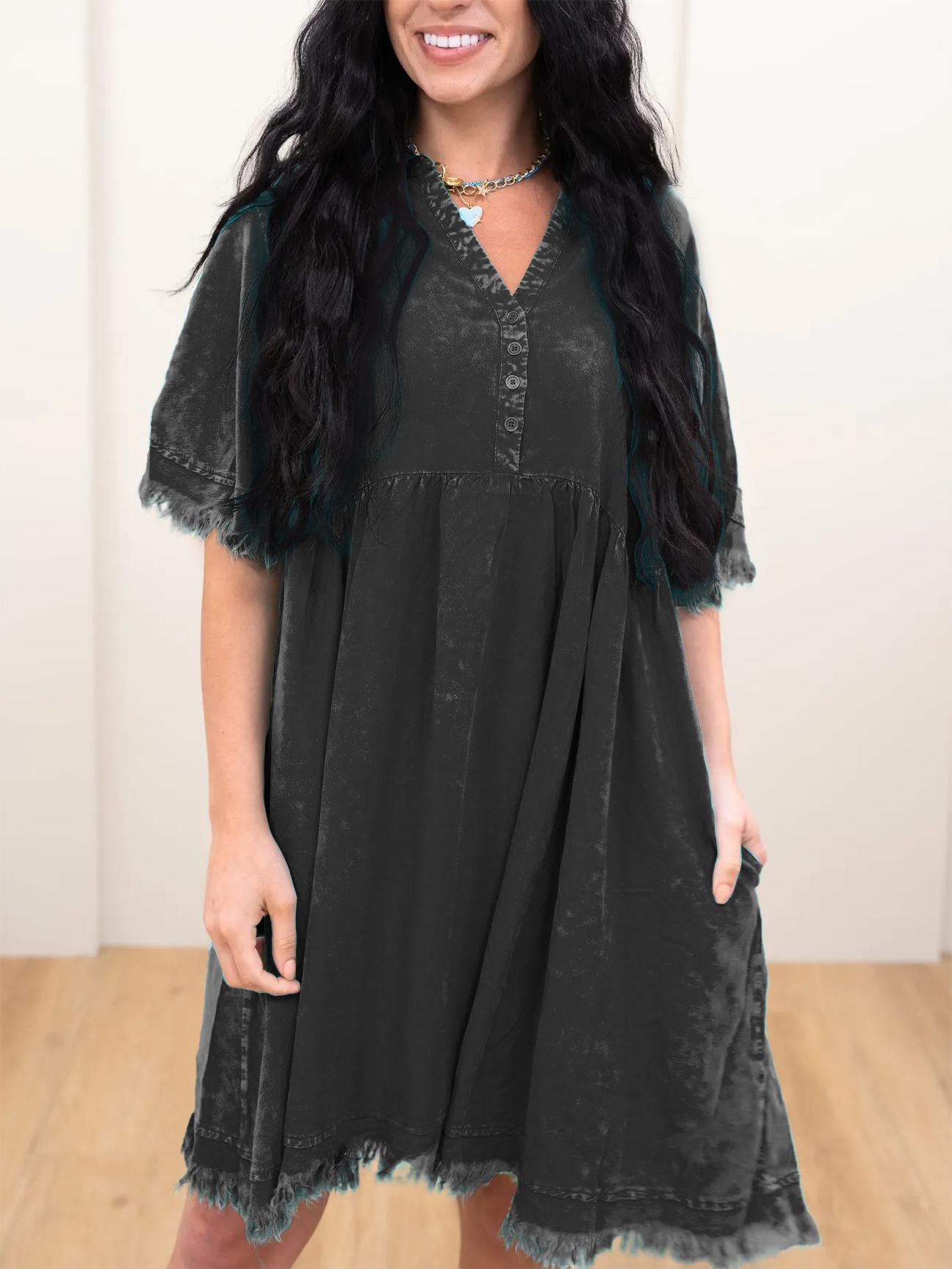 WOMEN'S SOFT RAW HEM CASUAL DRESS WITH BUTTON NECK