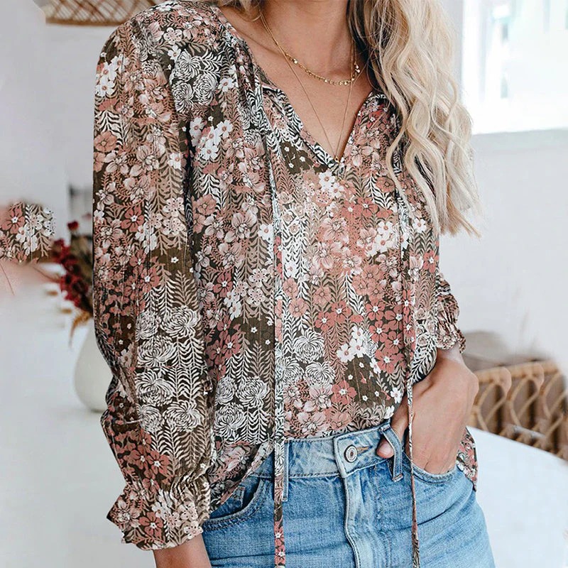 Women Boho Floral Print V Neck Drawstring Long Sleeve Blouse Top