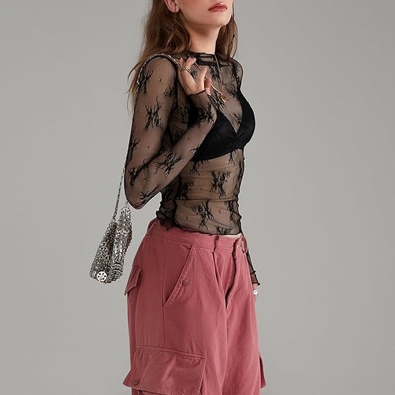 🔥HOT SALE🔥Women Long Sleeve Tops Sheer Lace Basic Shirt Casual Pullover for Fall Club Streetwear Aesthetic Clothes