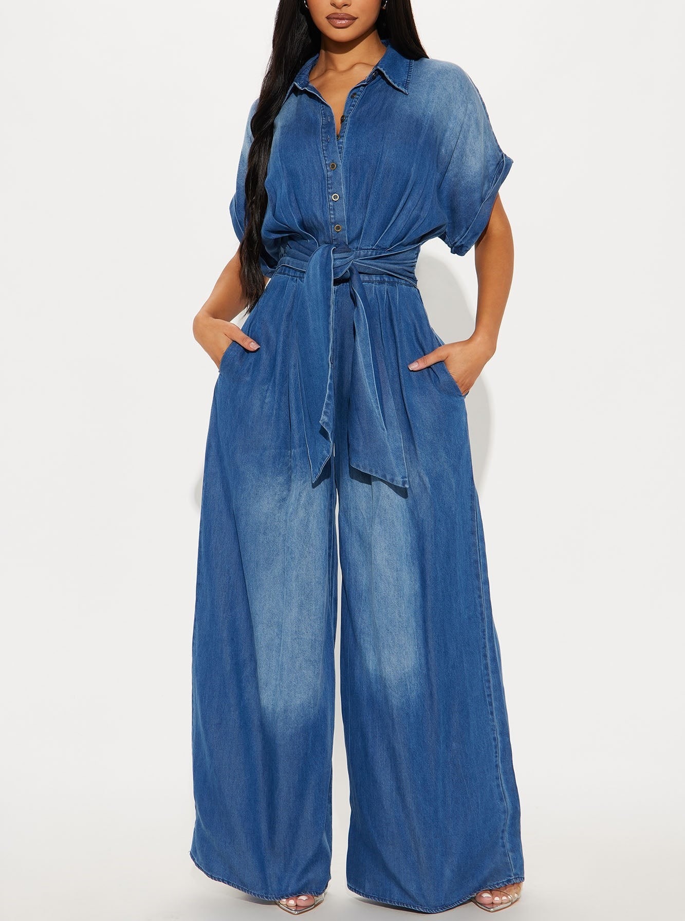 🔥HOT SALE🔥Casual Bat Sleeve Tie-Waist Tencel Denim Wide-Leg Jumpsuit (Buy 2 Free Shipping)