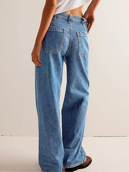 Womens Boyfriend Wide Leg Jeans Casual Loose Mid Rise Denim Pants with Pockets