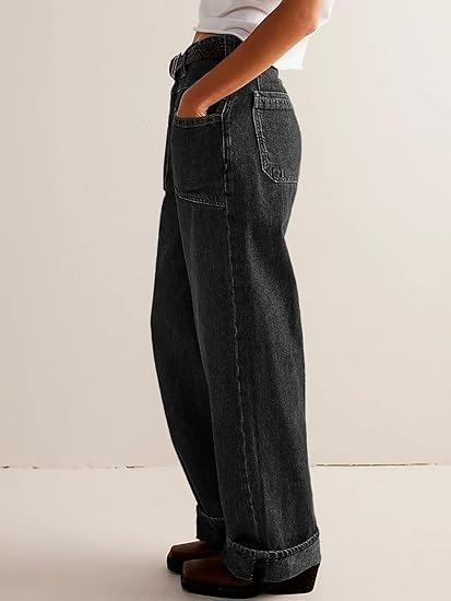 Womens Boyfriend Wide Leg Jeans Casual Loose Mid Rise Denim Pants with Pockets