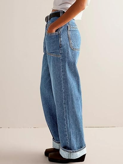 Womens Boyfriend Wide Leg Jeans Casual Loose Mid Rise Denim Pants with Pockets