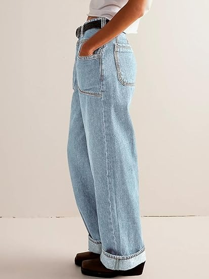 Womens Boyfriend Wide Leg Jeans Casual Loose Mid Rise Denim Pants with Pockets