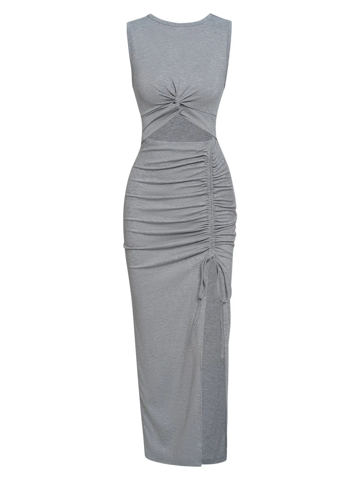 ROUND NECK SOLID COLOR TWISTED ROUCHING DRAWSTRING MAXI DRESS